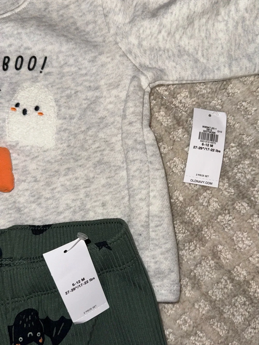 Old Navy Baby Halloween 'Little Boo' Gray Top with Orange Pumpkin and Black Bat